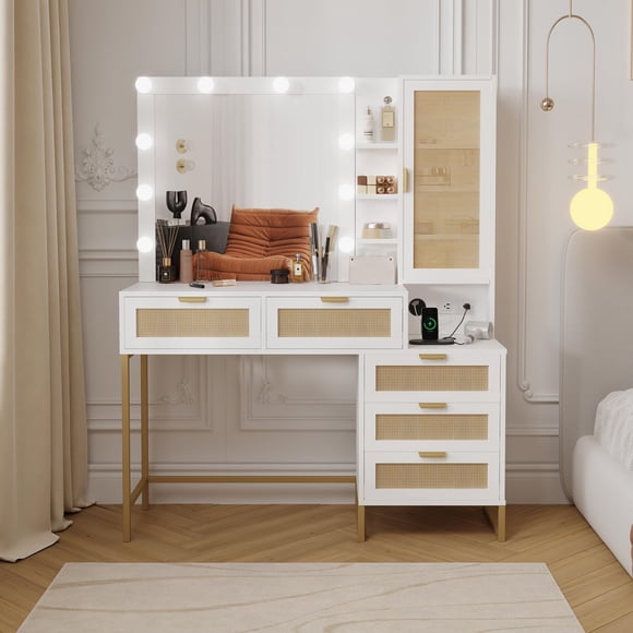 TROPOW Coiffeuse Moderne avec Miroir de Maquillage, Lumières Intégrées, 5 Tiroirs, Prise de Courant, Coiffeuse pour Chambre, Blanc et Or, Rotin