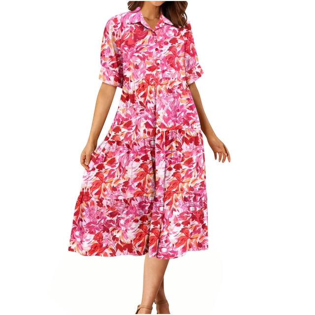 Pisexur Robes d'Été pour Femmes Mode Bohème à Imprimé Floral Robe Maxi Décontractée Fluide Taille Élastique Robe Soleil Manches Courtes Col en V Boutonnée Robe Soleil à Volants Évasée Plage Longue avec Poches