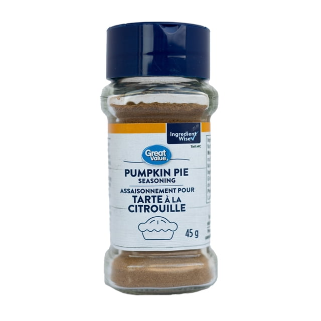 Great Value Pumpkin Pie Spice 45g in a clear plastic bottle with a dark blue flip-top lid, labeled in English and French, perfect for seasoning pumpkin pies, baked goods, and hot beverages with a warm, spicy aroma.