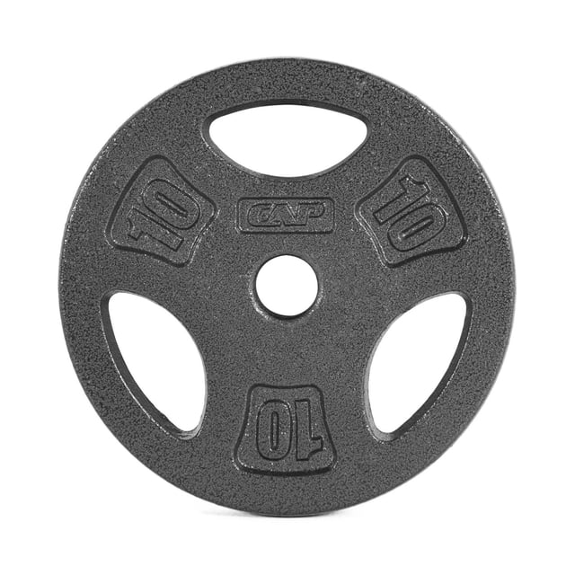 CAP Barbell Standard Cast Iron 1-inch Weight Lifting Grip Plate, 10 lb, Single, Black, front view of a round cast iron weight plate with three grip holes and embossed '10' markings, machined center hole for 1-inch bars, textured black semi-gloss finish, ideal for strength training and cardiovascular fitness.