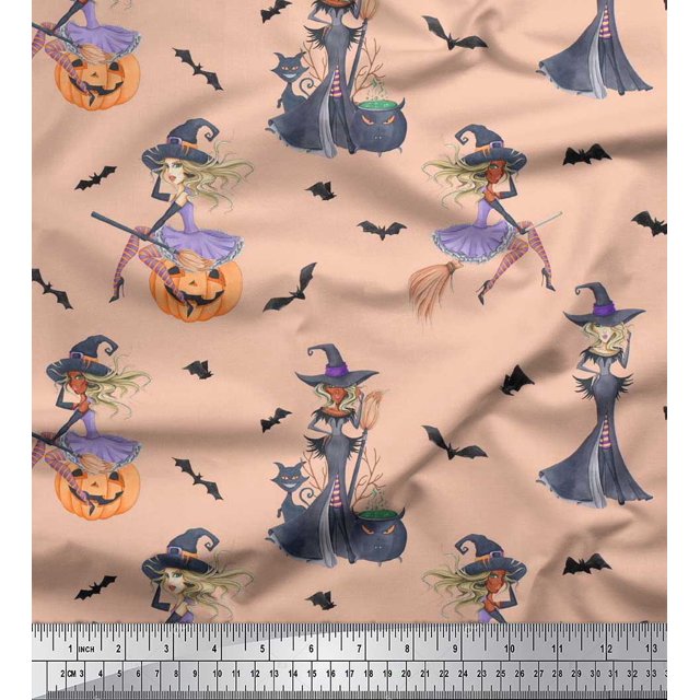 Soimoi Rayon Fabric Magic Potion,Bat & Witch Halloween Printed Fabric 1 Yard 42 Inch Wide