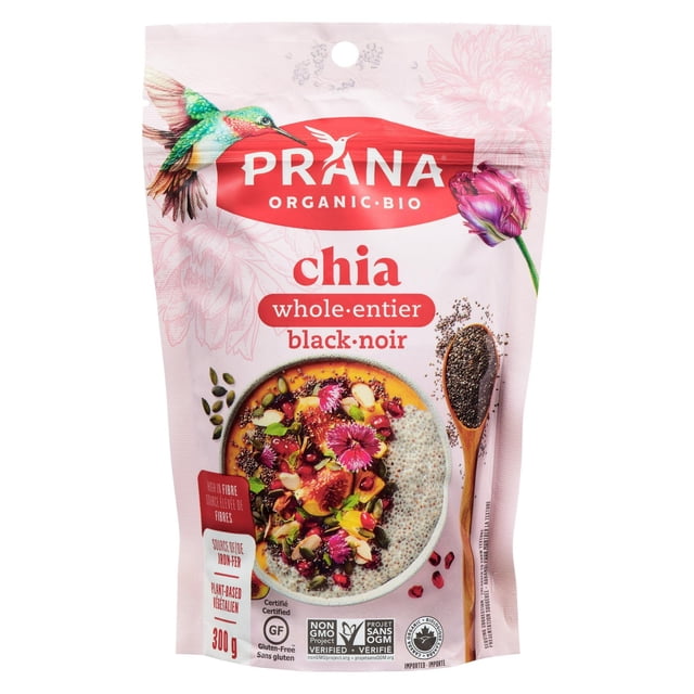 Prana Organic Graines Entières de Chia Noires dans une Pochette Rose Refermable de 300 g avec des Motifs de Colibris et de Fleurs, avec un Bol de Pouding de Chia Garni de Fruits et de Fleurs Comestibles et une Cuillère en Bois Tenant des Graines de Chia Noires, Sans Gluten et Certifié non-OGM, Convient pour Ajouter des Fibres et du Fer aux Repas.