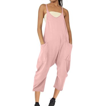 Pisexur Combinaisons pour Femmes, Couleur Unie, Col en V, Barboteuses Mode à Bretelles Spaghetti, Combinaisons Décontractées Amples Sans Manches, Salopettes Confortables et Larges une Pièce avec Poches