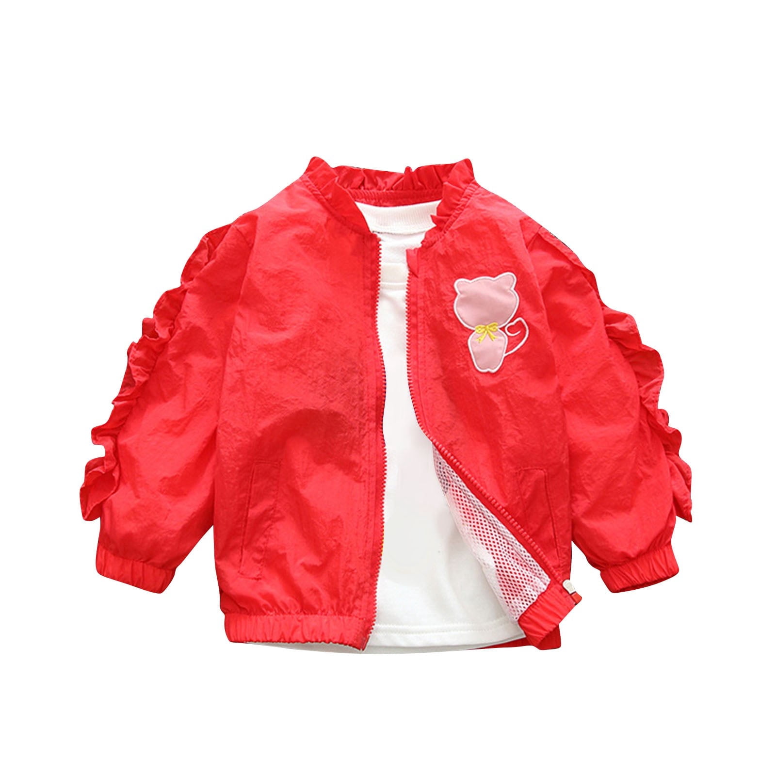 Girls Fall Winter Outfits Ruffle Zip Up Bomber Jacket No Hood, Embroidered Flower Back, Kids Fashion Outerwear (6 Years, Red)