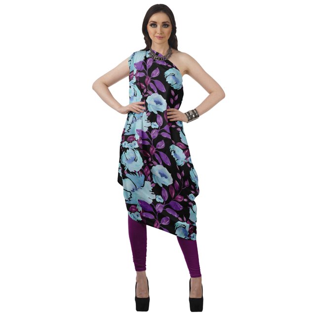Moomaya Robe Kurti à une Épaule Imprimée pour Femme, Sans Manches, à Col Bénitier, Style Bohème, Tenue de Soirée de Designer