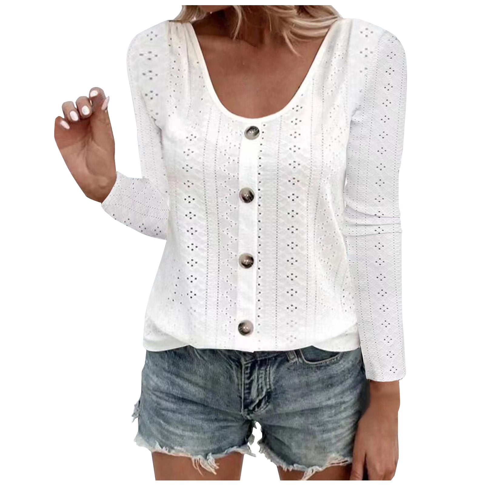 Timegard Hauts pour Femmes Grande Taille à Manches Longues, Col Rond, T-Shirts à Oeillets avec Boutons, Chic Décontracté, Hauts Amples