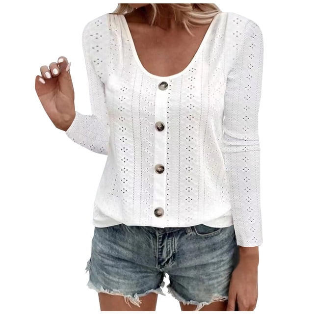 IROINID en Solde Chemises Grande Taille pour Femmes Col Rond Manches Longues Confortables Bouton Col Rond T-shirt Uni Blouse, Blanc