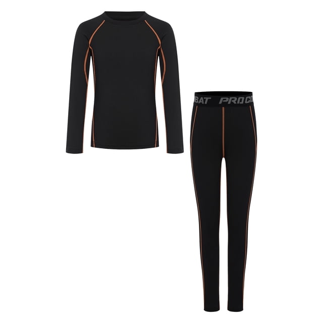 Moggemol Ensemble de Couche de Base de Compression pour Garçons, Col Rond, Haut à Manches Longues avec Leggings à Taille Élastique, Noir Orange 22
