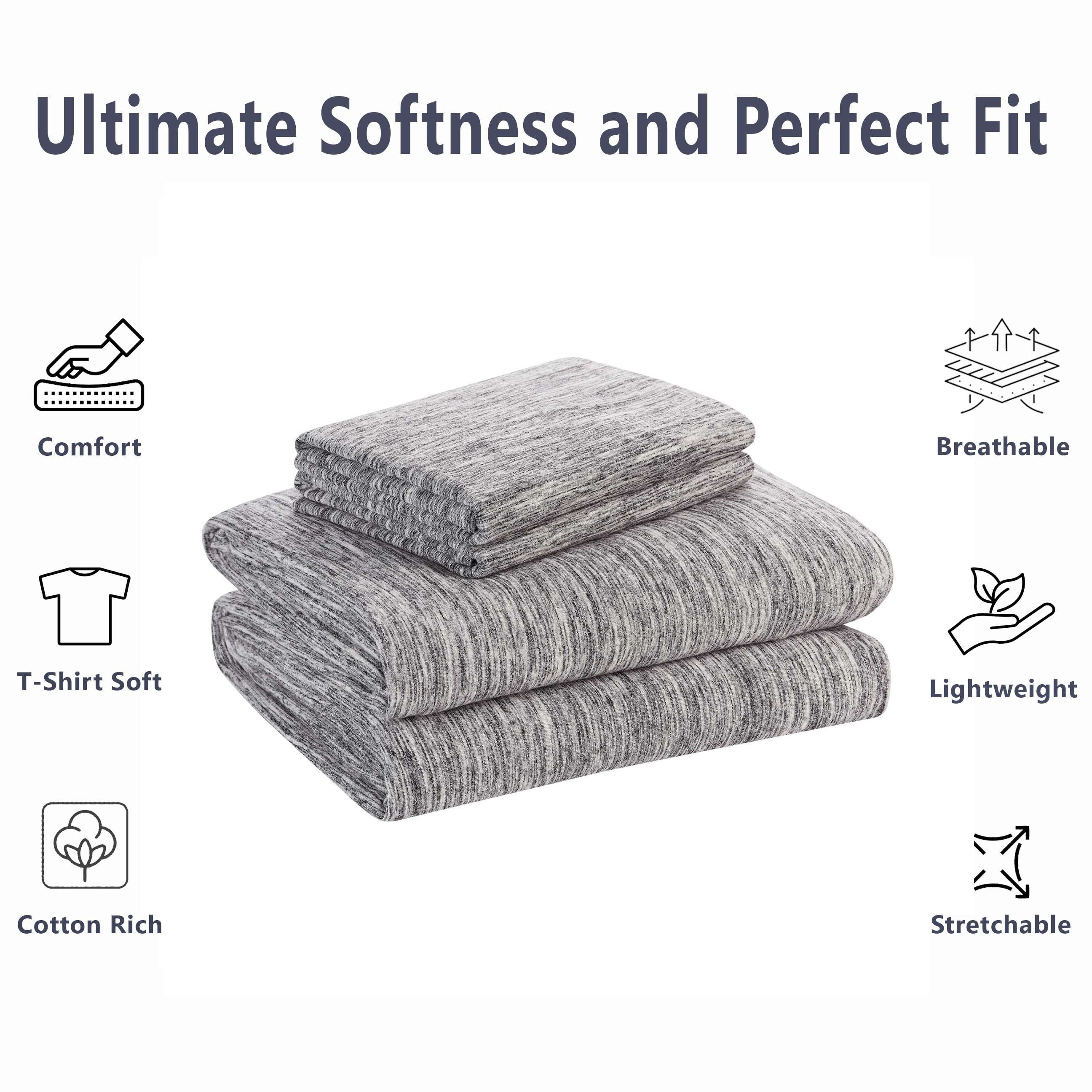Mainstays – Parure de lit en jersey extra doux, enrichi en coton, pour adulte, Queen, couleur Gris Spacedyed, 4 pièces