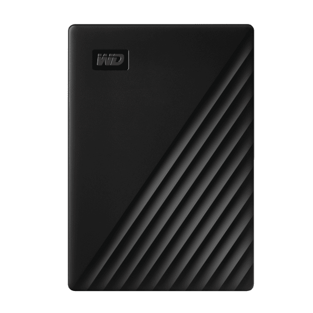 5TB Western Digital Drive™ PLUS portable hard drive in matte black with diagonal ridged texture on the lower right and smooth upper left featuring the WD logo, compatible with USB-C and USB-A devices for versatile external storage.
