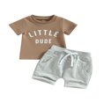 thumbnail image 1 of Kid Pants Suit  Boy Short Sleeve  Neck Letters Tops + Casual Street Drawstring Short Pants  Grey 2-3 Years, 1 of 8