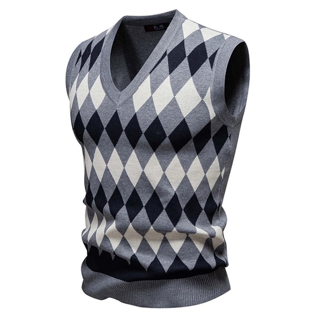 Erwazi Chandail Sans Manches à Col en V pour Homme, Extensible, Coupe Ajustée, Décontracté, à Motif Argyle