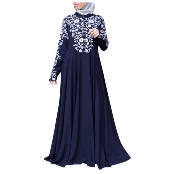 Baberdicy Plus Size Dresses Women Muslim Dress Kaftan Arab Jilbab Abaya Islamic Lace Stitching Maxi Dress Long Dress Blue, Size:S-5Xl