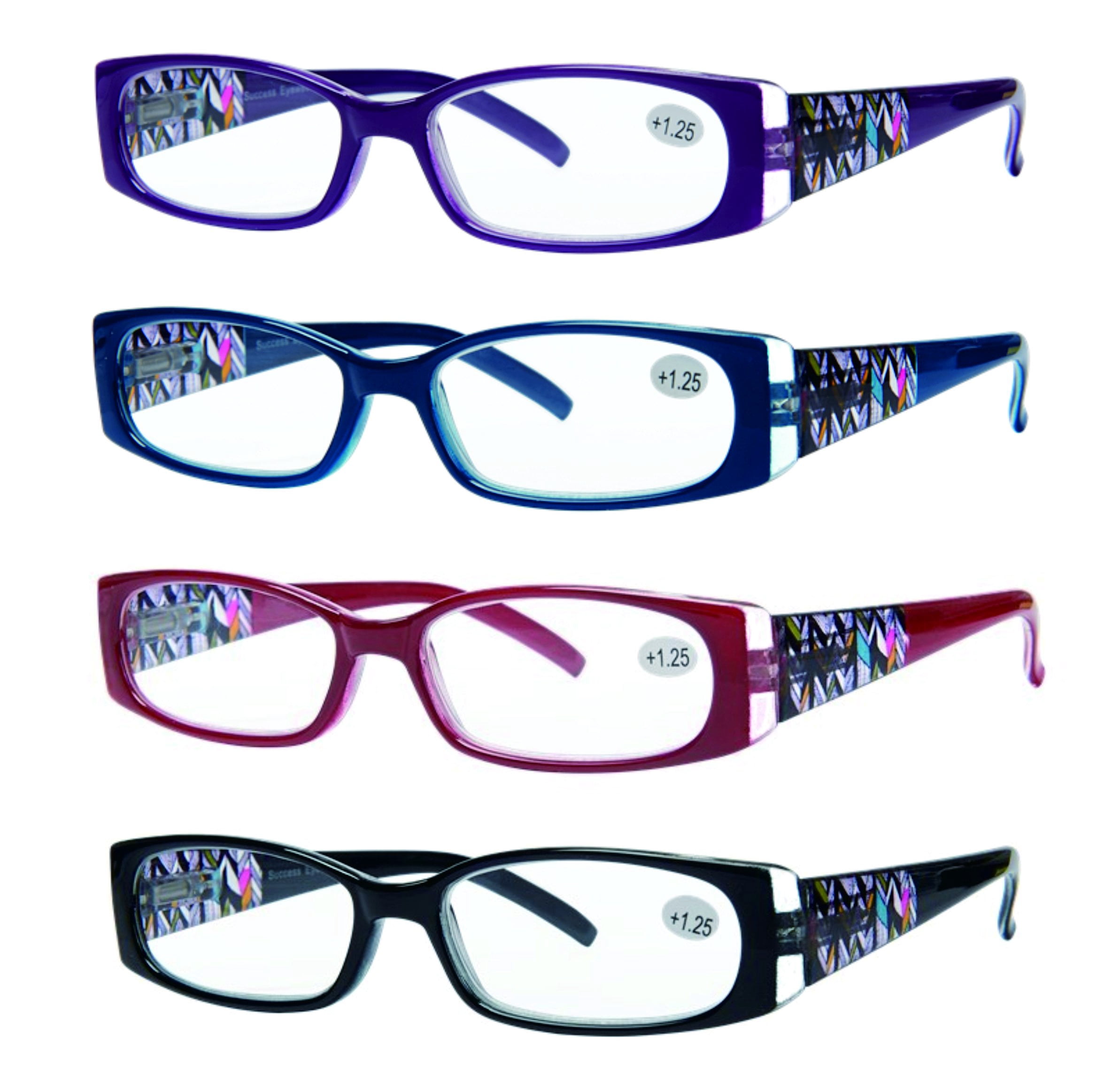 Success Eyewear READING GLASSES 4 Pack Quality Readers Spring Hinge Stylish Designed Womens Glasses for Reading Set of Black, Blue, Red, Purple 2.25