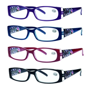 Success Eyewear READING GLASSES 4 Pack de lecteurs de qualité Charnière de printemps Élégant modèles de lunettes pour femmes pour la lecture ensemble de noir, bleu, rouge, violet 2.25