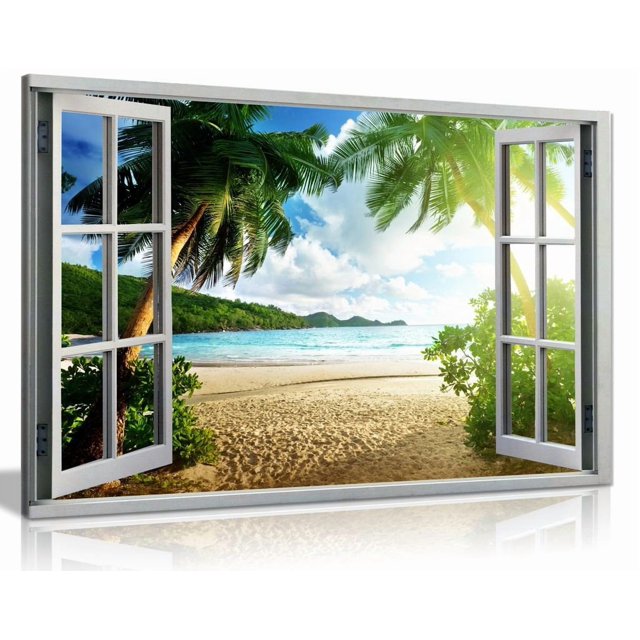 Beach Sunset View 3D Window Effect Canvas Wall Art Picture Print (24x16in)