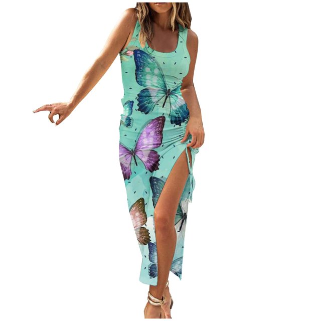 QIPOPIQ Women's High Split Sleeveless Square Neck Gradient Bodycon Long Tank Dress Thigh Drawstring Split Midi Dress
