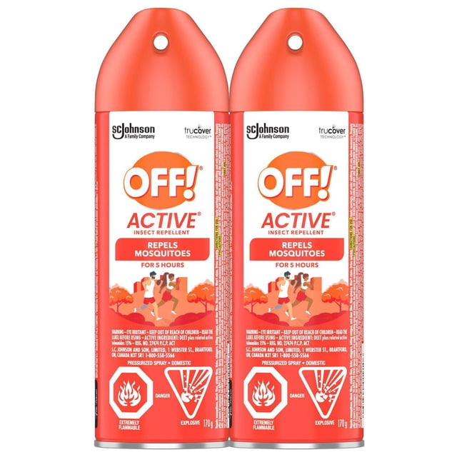 OFF! Active insect repellent aerosol spray twin pack with bright orange caps and labels, providing up to 5 hours of mosquito protection, ideal for outdoor pest control and garden insect protection, featuring SC Johnson branding and safety warnings for flammability and explosiveness.