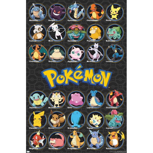 Pokémon - All Time Favorites Wall Poster, 14.725" x 22.375" framed showing classic Pokémon characters including Pikachu, Charizard, Mewtwo, and Bulbasaur in circular frames on a dark background with the Pokémon logo centered, ideal for decorating bedrooms, offices, or dorm rooms.