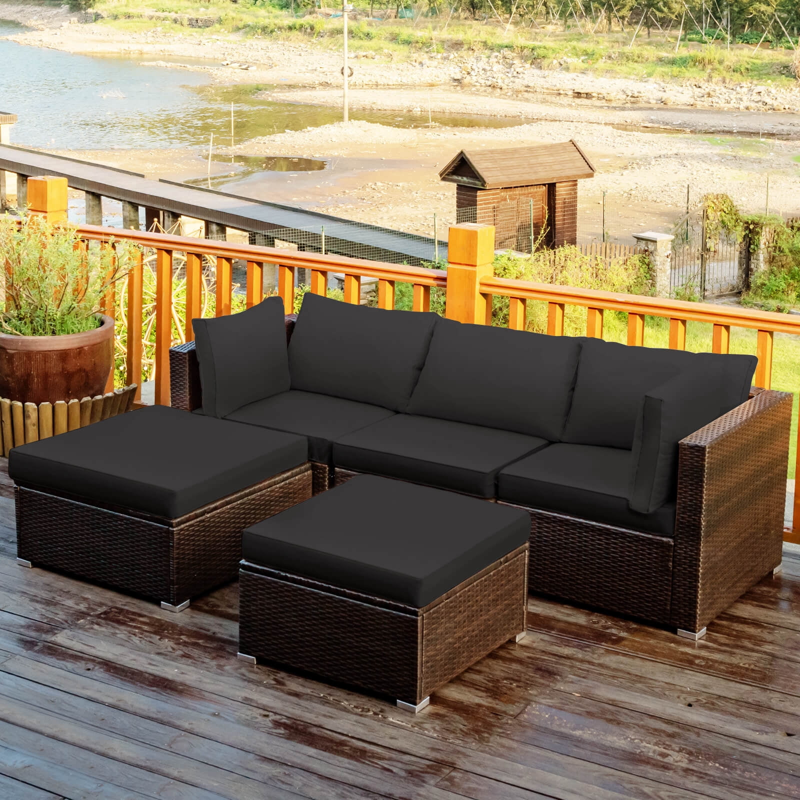 Costway Ensemble de 5 Pcs de Meubles d'Extérieur en Rotin pour Terrasse, Sectionnel, Conversation, Coussin Noir