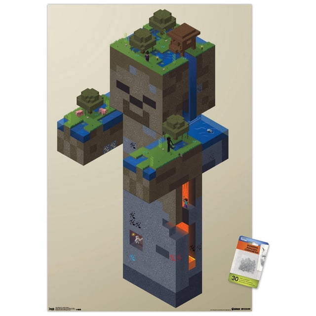 Minecraft - Zombie Swamp Wall Poster, 14.725" x 22.375" framed wall art showing a pixelated zombie figure made of dirt and stone blocks with swamp terrain on top, featuring trees, a wooden hut, water streams, pigs, and Minecraft characters including an Enderman and a skeleton in a lava cave, with a premium satin finish suitable for room decor.