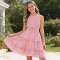 thumbnail image 2 of LUOGENLI Girls Summer Casual Dress Solid Color Sleeveless A Line Party Toddler (Pink Size 8-9 Years), 2 of 5