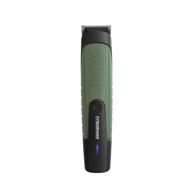 All In One Lithium-Ion Multi-Trimmer By Conair with green textured grip and black base, front-facing view showing power button, blue LED indicator, and stainless steel blades, designed for beard grooming with rechargeable battery and adjustable combs.