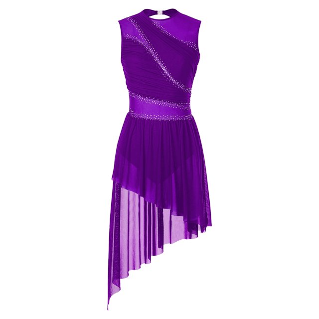 Ocealan Robe de Danse Lyrique pour Femmes Jupe en Tulle Asymétrique Fluide Justaucorps Tenues de Danse Contemporaines Violette A m