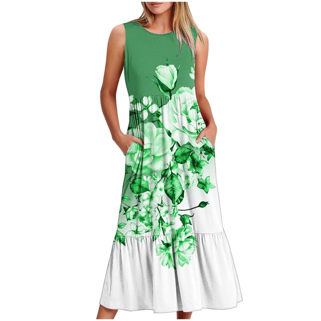 SDNall Womens Round Neck Sleeveless Printed Dress