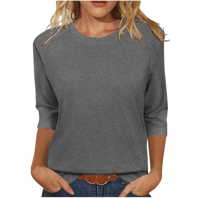 Olyvenn T-Shirt à Manches 3/4 pour Femmes 2025, Hauts, Couleur Unie, Été Printemps, Mode, Blouse à Col Rond, Tee, Vêtements Tendance pour Femme, Gris, P