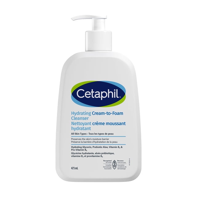 Cetaphil Nettoyant Hydratant Crème-à-Mousse 473 ml en Bouteille à Pompe Blanche avec logo Bleu et Vert, Formulé pour Peau Sèche à Normale Sensible, Contenant de la Glycérine Hydratante, de l'Aloès Prébiotique, de la niacinamide et du Panthénol, Sans Savon, Nettoyant pour le Visage Sans Parfum et Sans Parabènes Qui Préserve la Barrière d'Hydratation de la Peau.