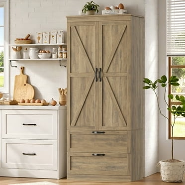 Homfa 70'' Tall Kitchen Pantry with Shelf & Drawer, Farmhouse 2 Door Pantry Storage Cabinet for Dining Room Living Room, Rustic Brown
