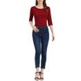 thumbnail image 2 of INSPIRE CHIC Hauts pour Femmes Manches au Coude Encolure Bateau Coupe Ajustée T-Shirt Classique Décontracté S Rouge Vin, 2 of 7