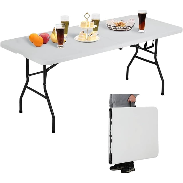 6ft Portable Folding Table Light Weight Fold in Half Utility Plastic Kitchen Table with Carrying Handle 500 lbs Capacity Dining Table for Camping, Picnic, Party, Backyard Events