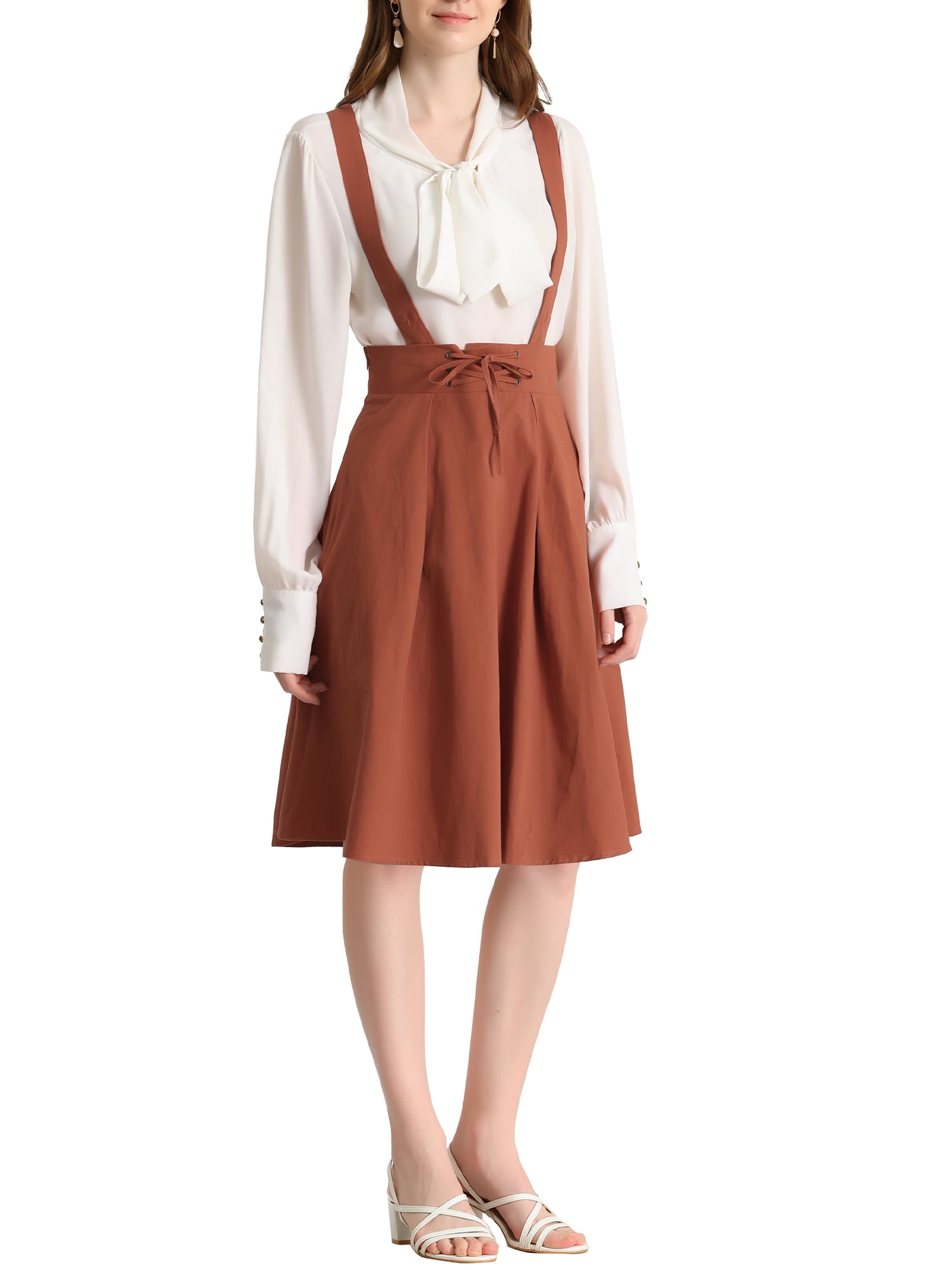 Unique Bargains Jupe Midi Plissée à Bretelles Rétro pour Femme à Taille Élastique avec Bretelles