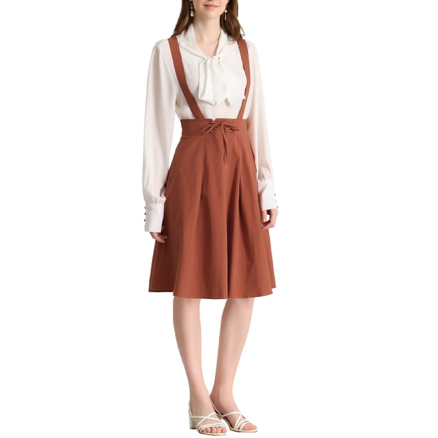 Unique Bargains Jupe Midi Plissée à Bretelles Rétro à Taille Élastique pour Femme
