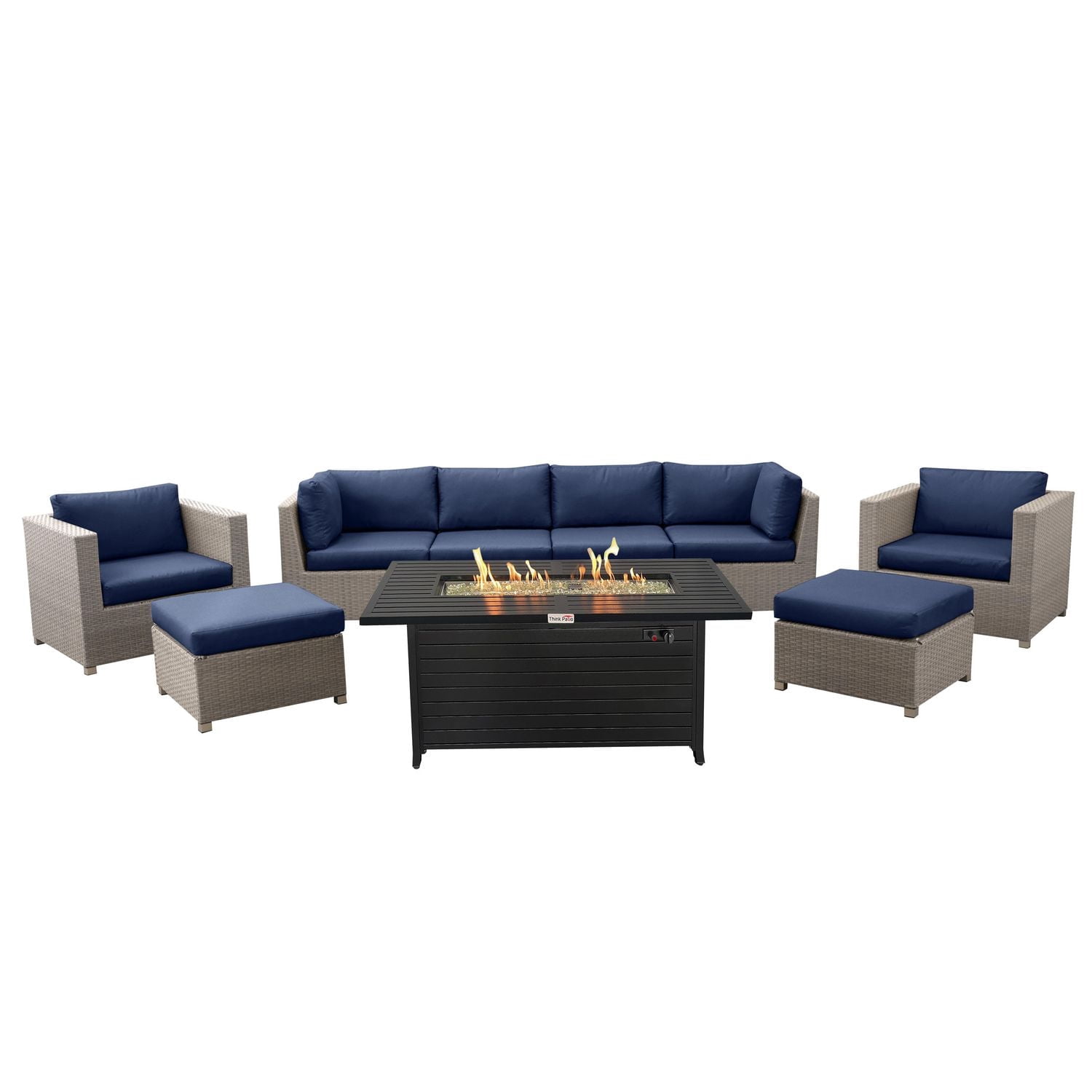 Chambers Bay Ensemble de conversation de patio en osier toutes saisons, 9 pièces, bleu marine, avec table à feu rectangulaire