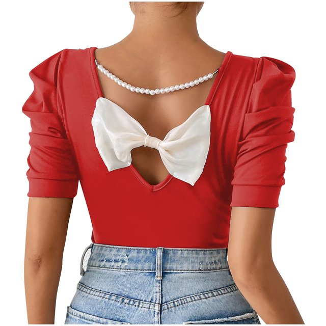 Plebaso T-shirts Mignons pour Femmes, Dos à Nœud, T-Shirts Ajustés, Manches Courtes Bouffantes, Col Rond Décontracté, T-Shirt Tendance
