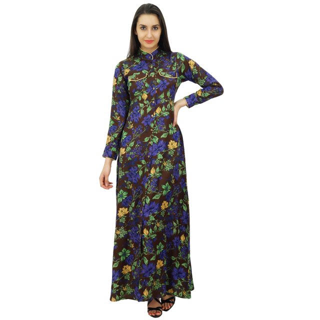 Bimba Robe Maxi d'Hiver à Col Mandarin pour Femme, Boutonnée, Jilbab avec Poches