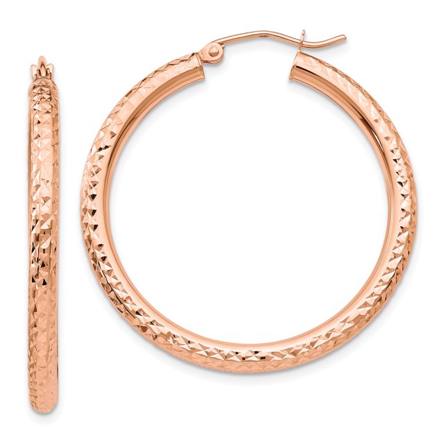 14K Rose Gold Diamond Cut 3mm Round Hoop Earrings