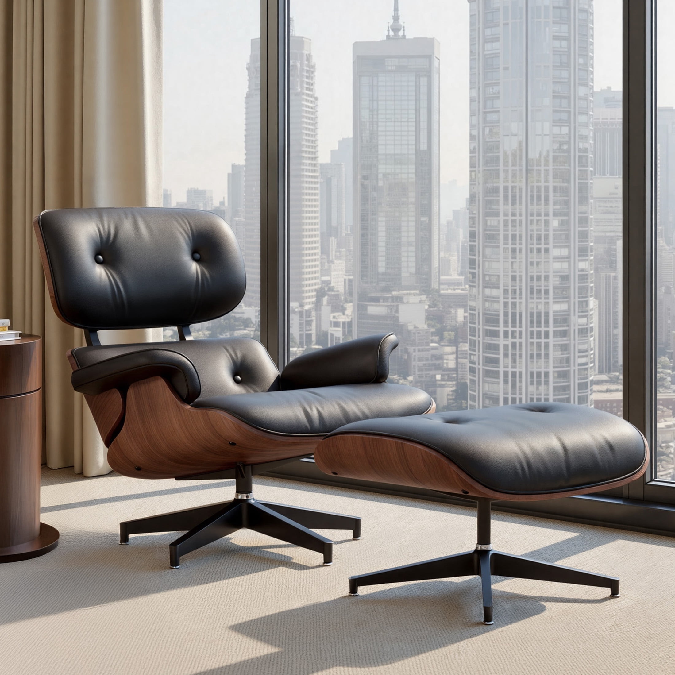 Hawsaiy Genuine Leather Lounge Chair with Ottoman, Mid Century