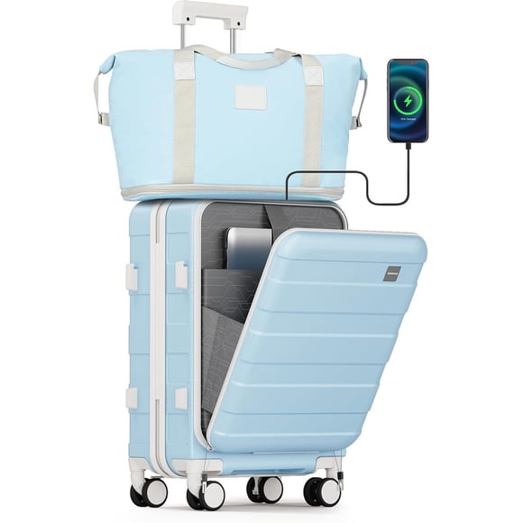 3 Piece Carry On Luggage Set with Tote bag Toiletry Bag 20in Front Opening Hardshell Suitcase with Spinner Wheels TSA Lock Lightweight Travel Set for Women Men