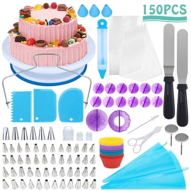 Ensemble de 150 Pcs de Fournitures de Décoration de Gâteaux, Kit de Décoration de Cupcakes Équipement de Pâtisserie Support de Plateau Tournant Rotatif, Embouts de Tuyauterie et Sacs, Grattoirs à Gâteau, Spatule à Glaçage