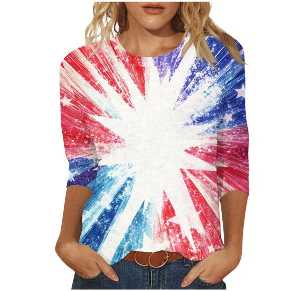 UPPADA T-Shirts à Manches 3/4 avec Drapeau Américain pour Femmes, Chandail Patriotique du 4 Juillet, Fête de l'Indépendance des États-Unis, T-Shirts Graphiques à Rayures Star, T-Shirts Décontractés à Col Rond, Hauts Henley pour Femmes Rouge, 4TG