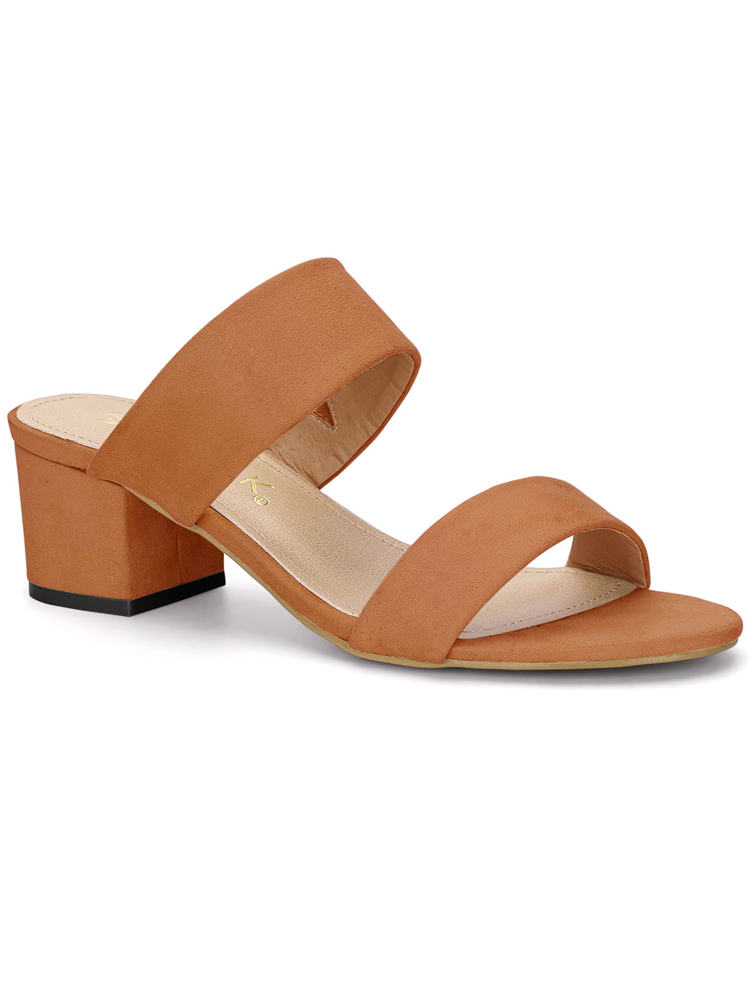 BLISSFUL STEP Sandales à Talon pour Femmes à Deux Brides, Talon Moyen Épais, Orange, 7,5