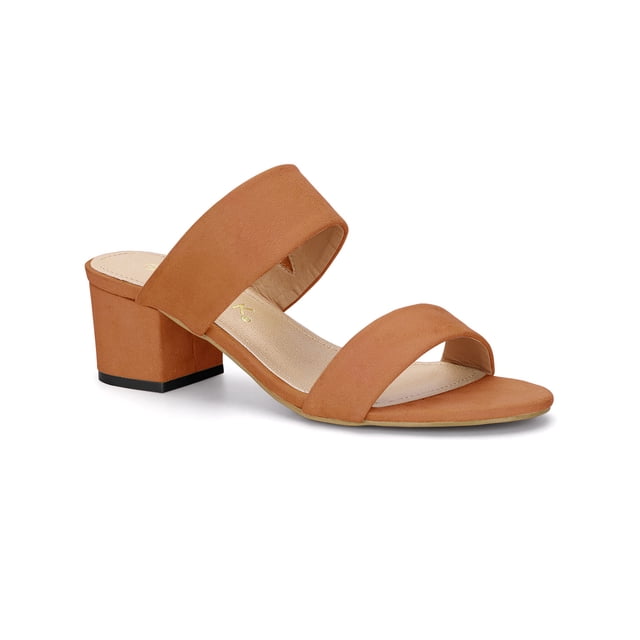 BLISSFUL STEP Women's Shoes Dual Straps Mid Chunky Heel Slide Sandals Orange 7.5