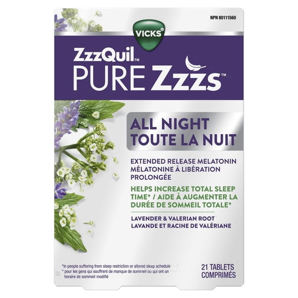 Aide-sommeil à base de mélatonine en comprimé ZzzQuil PURE Zzzs Toute la nuit à libération prolongée, libération pendant période allant jusqu’à 6 heures, pour adultes, 2 mg par comprimé, 21 comprimés