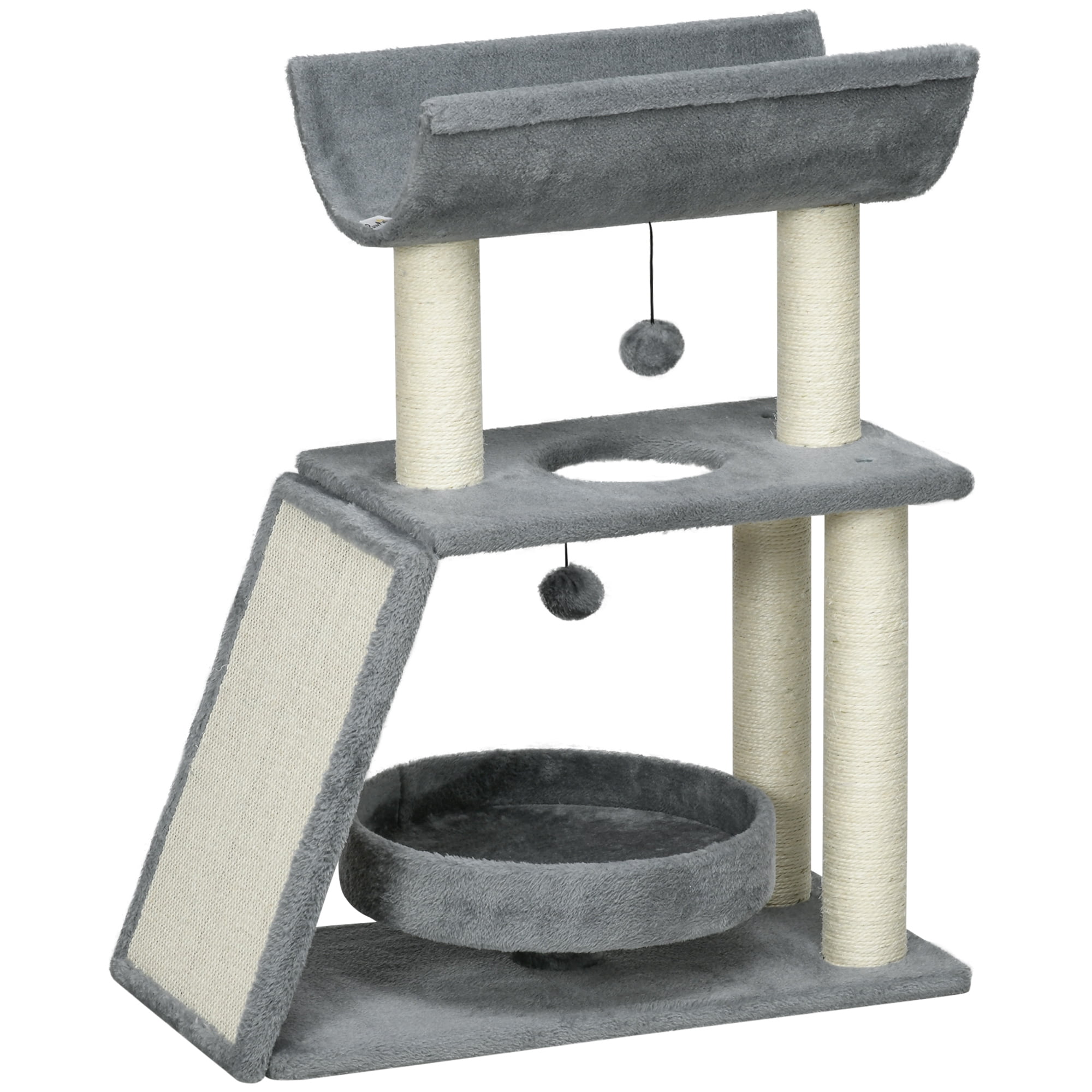 CoSoTower Small Cat Tree with Perch, Scratching Posts, Pad, Bed, Toy Balls, Light Grey