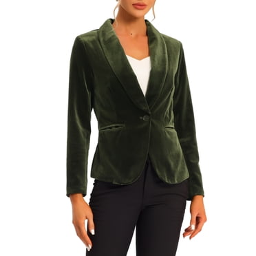 INSPIRE CHIC Women's Halloween Velvet Blazer Solid Color Shawl Collar One Button Wear-to-Work Suit Jacket Olive Green M