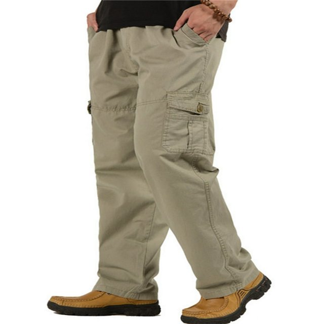 Mens Loose Cargo Pants Casual Elastic Waist Solid Color Straight Leg Work Pants